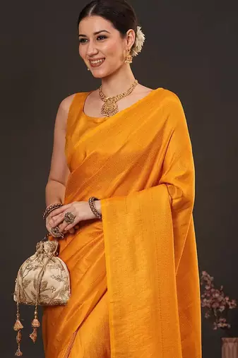 Yellow ethnic motifs zari silk blend kanjeevaram saree