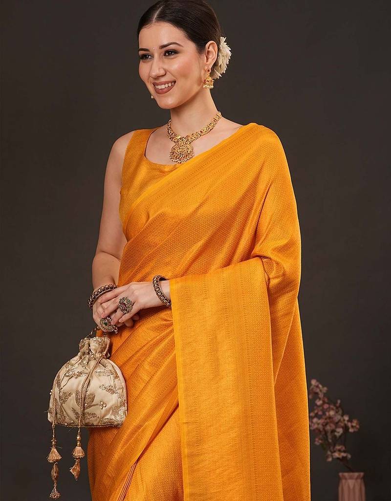 Yellow ethnic motifs zari silk blend kanjeevaram saree