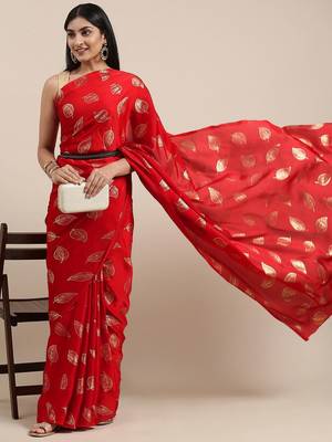 red red & gold-toned floral satin saree 1