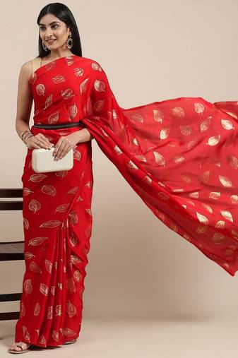red red & gold-toned floral satin saree