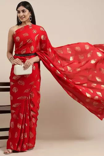 red red & gold-toned floral satin saree