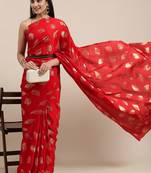 red red & gold-toned floral satin saree