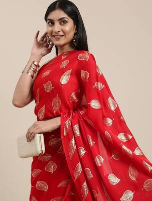 red red & gold-toned floral satin saree 2