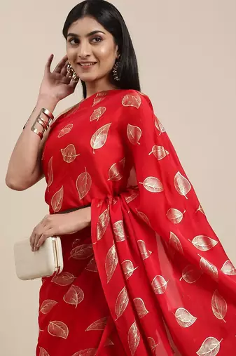red red & gold-toned floral satin saree