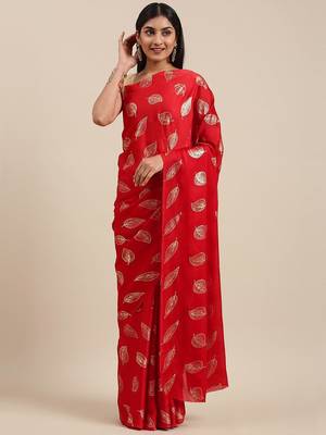 red red & gold-toned floral satin saree 3