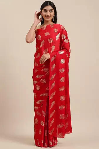 red red & gold-toned floral satin saree
