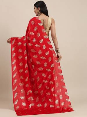 red red & gold-toned floral satin saree 4