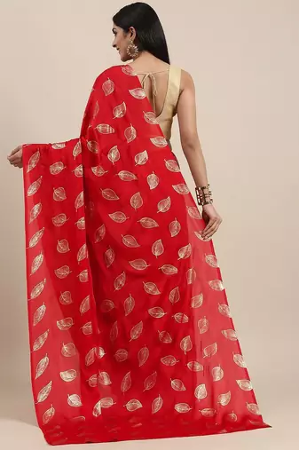 red red & gold-toned floral satin saree