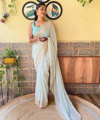 blue blue & pink embellished sequinned saree 1