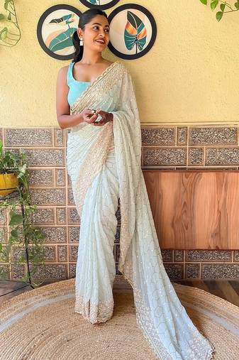 blue blue & pink embellished sequinned saree
