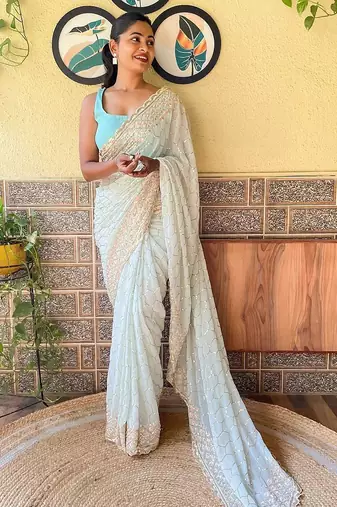 blue blue & pink embellished sequinned saree