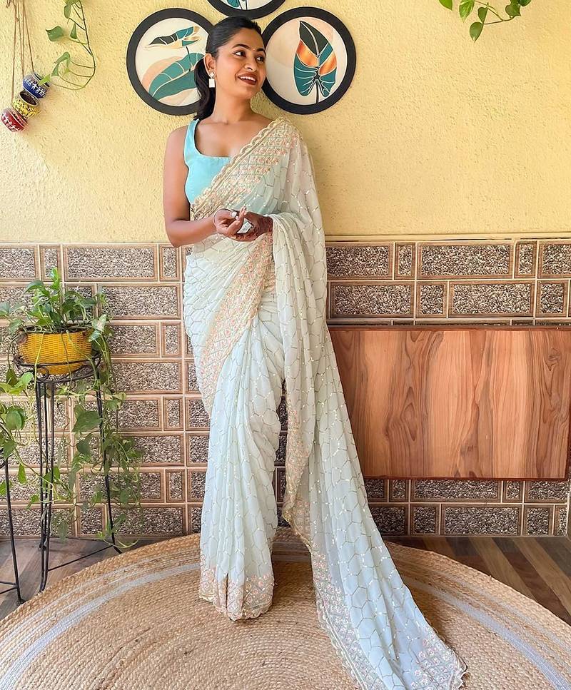 blue blue & pink embellished sequinned saree