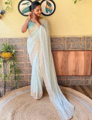 blue blue & pink embellished sequinned saree 2