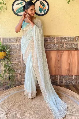 blue blue & pink embellished sequinned saree