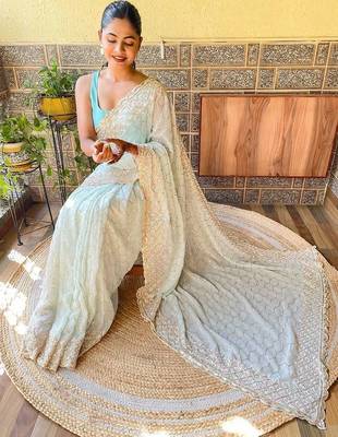 blue blue & pink embellished sequinned saree 3