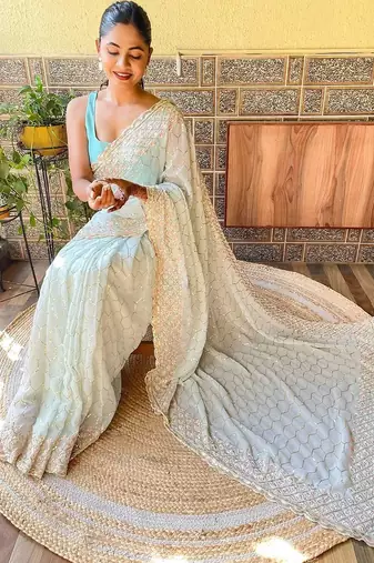 blue blue & pink embellished sequinned saree