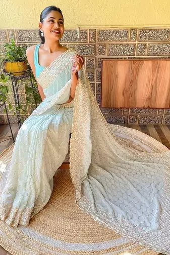 blue blue & pink embellished sequinned saree