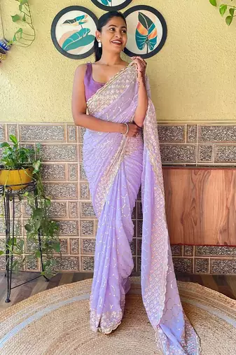 lavender lavender & pink embellished sequinned poly georgette saree