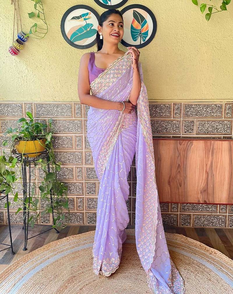 lavender lavender & pink embellished sequinned poly georgette saree