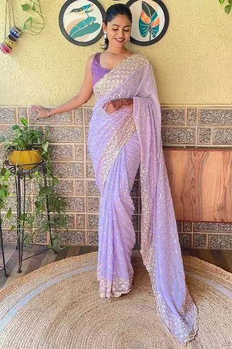 lavender lavender & pink embellished sequinned poly georgette saree
