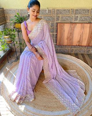 lavender lavender & pink embellished sequinned poly georgette saree 3