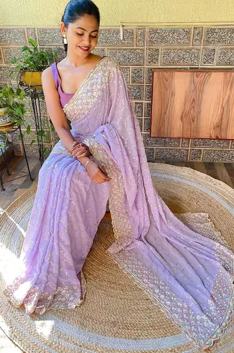 lavender lavender & pink embellished sequinned poly georgette saree
