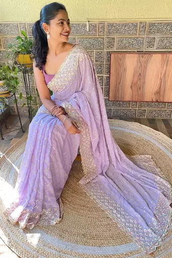 lavender lavender & pink embellished sequinned poly georgette saree