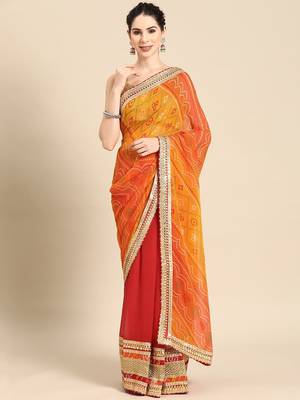 red red & orange bandhani embroidered poly georgette designer bandhani saree 1