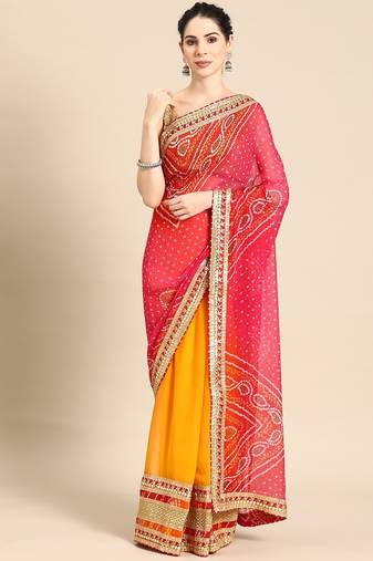 pink pink & yellow bandhani embroidered poly georgette designer bandhani saree