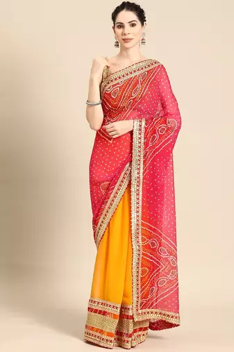 pink pink & yellow bandhani embroidered poly georgette designer bandhani saree