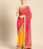 pink pink & yellow bandhani embroidered poly georgette designer bandhani saree