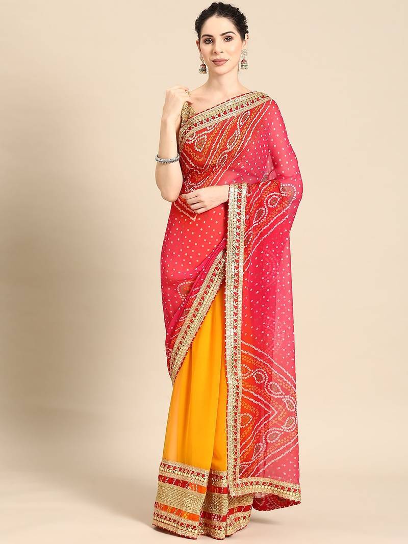 pink pink & yellow bandhani embroidered poly georgette designer bandhani saree