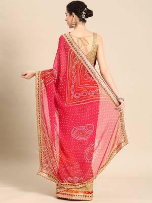 pink pink & yellow bandhani embroidered poly georgette designer bandhani saree 2