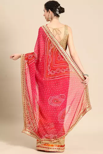 pink pink & yellow bandhani embroidered poly georgette designer bandhani saree