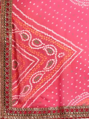 pink pink & yellow bandhani embroidered poly georgette designer bandhani saree 4