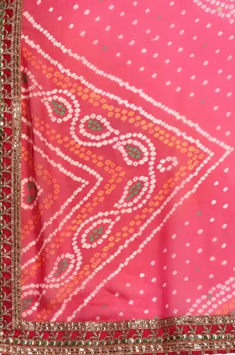 pink pink & yellow bandhani embroidered poly georgette designer bandhani saree