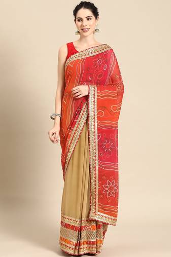 beige beige & red bandhani embroidered poly georgette designer bandhani saree
