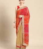 beige beige & red bandhani embroidered poly georgette designer bandhani saree