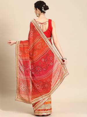 beige beige & red bandhani embroidered poly georgette designer bandhani saree 2