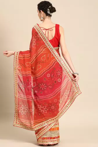 beige beige & red bandhani embroidered poly georgette designer bandhani saree