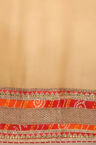 beige beige & red bandhani embroidered poly georgette designer bandhani saree