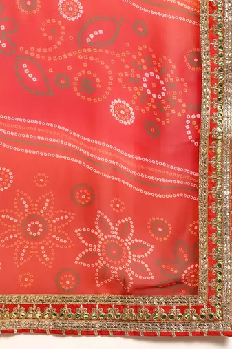 beige beige & red bandhani embroidered poly georgette designer bandhani saree