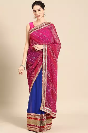 blue blue & pink bandhani embroidered poly georgette designer bandhani saree