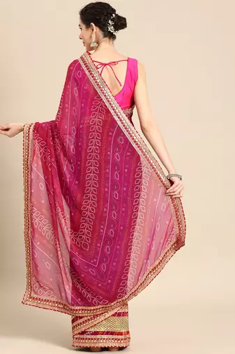 blue blue & pink bandhani embroidered poly georgette designer bandhani saree