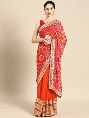 red red bandhani embroidered poly georgette designer bandhani saree 1