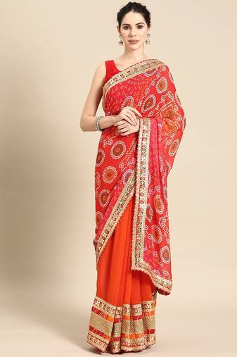 red red bandhani embroidered poly georgette designer bandhani saree