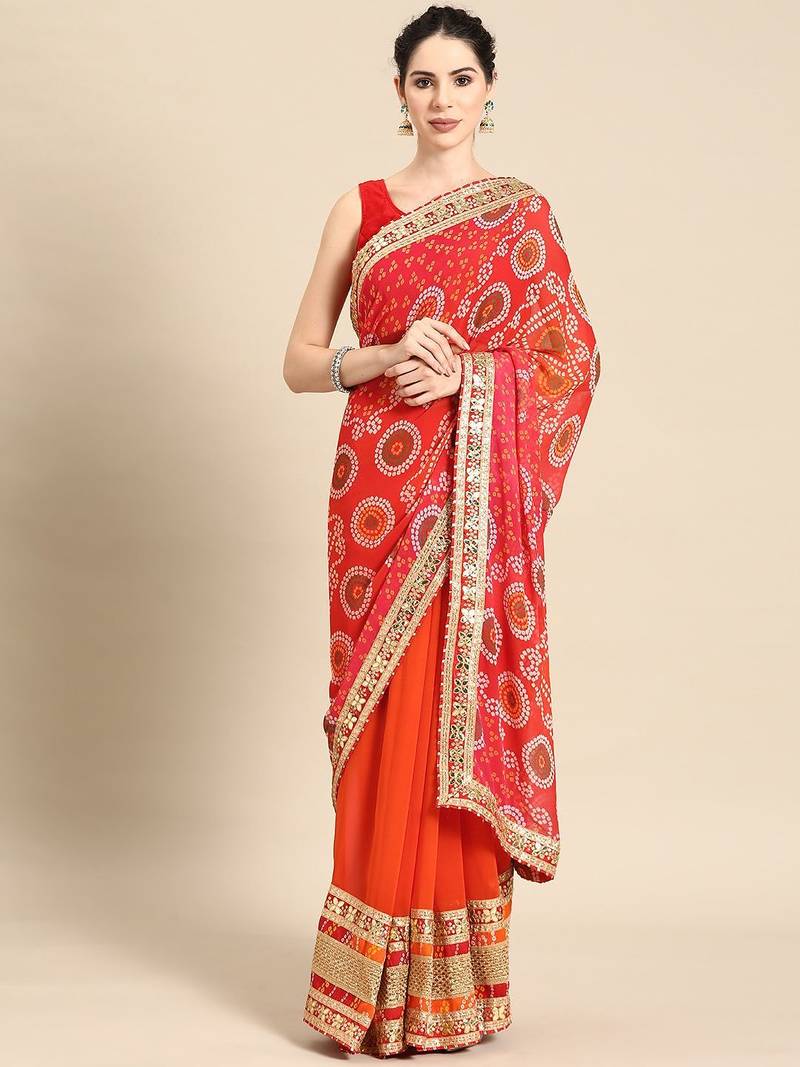 red red bandhani embroidered poly georgette designer bandhani saree