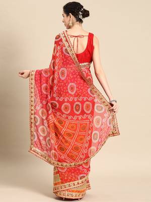 red red bandhani embroidered poly georgette designer bandhani saree 2