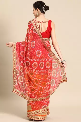red red bandhani embroidered poly georgette designer bandhani saree