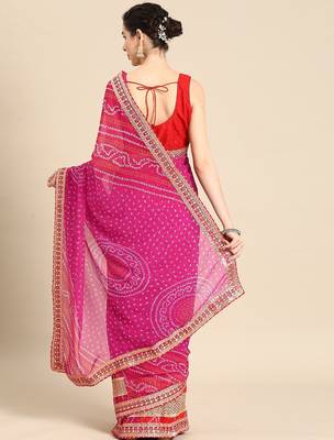 pink pink bandhani embroidered poly georgette designer bandhani saree 2